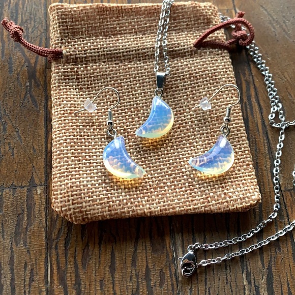 Opalite Moon Necklace Opalite Earrings Matching Crystal Jewelry Set - Picture 2 of 3